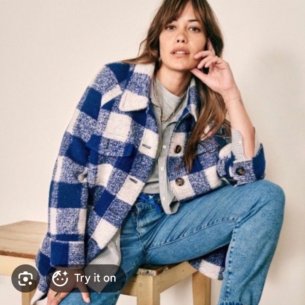Sezane Blue and White Checked Wool Jacket